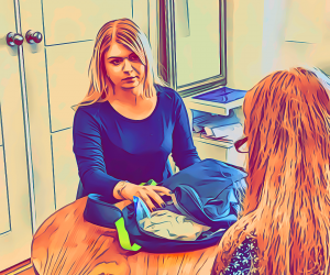 Girl with mum at table